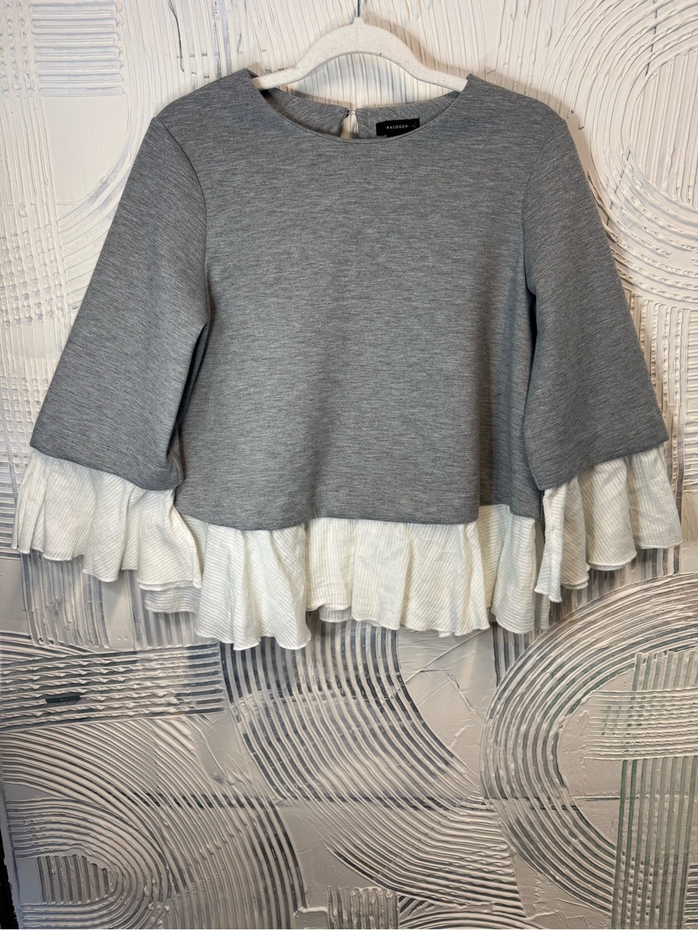 Halogen Gray Top with White Ruffle Hem